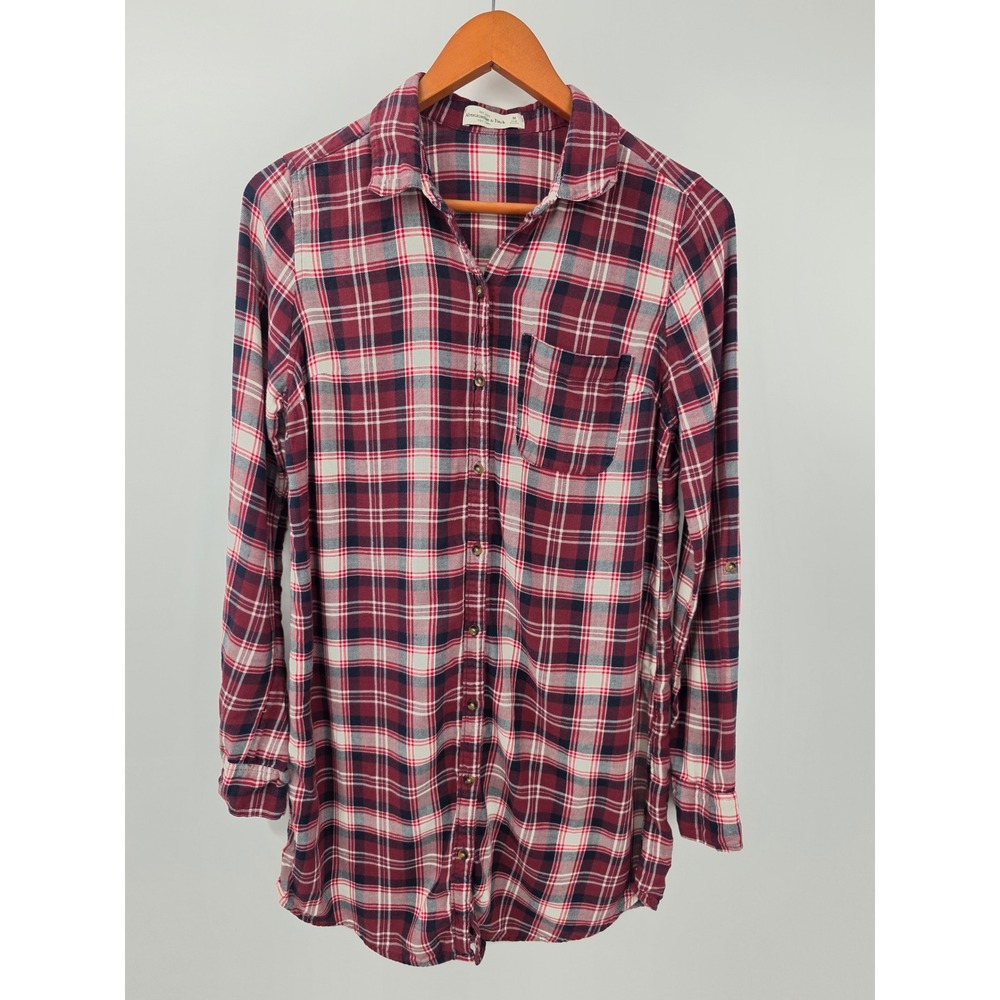 Abercrombie & Fitch Red Navy Plaid Roll Tab Sleeve Button Down Shirt Medium